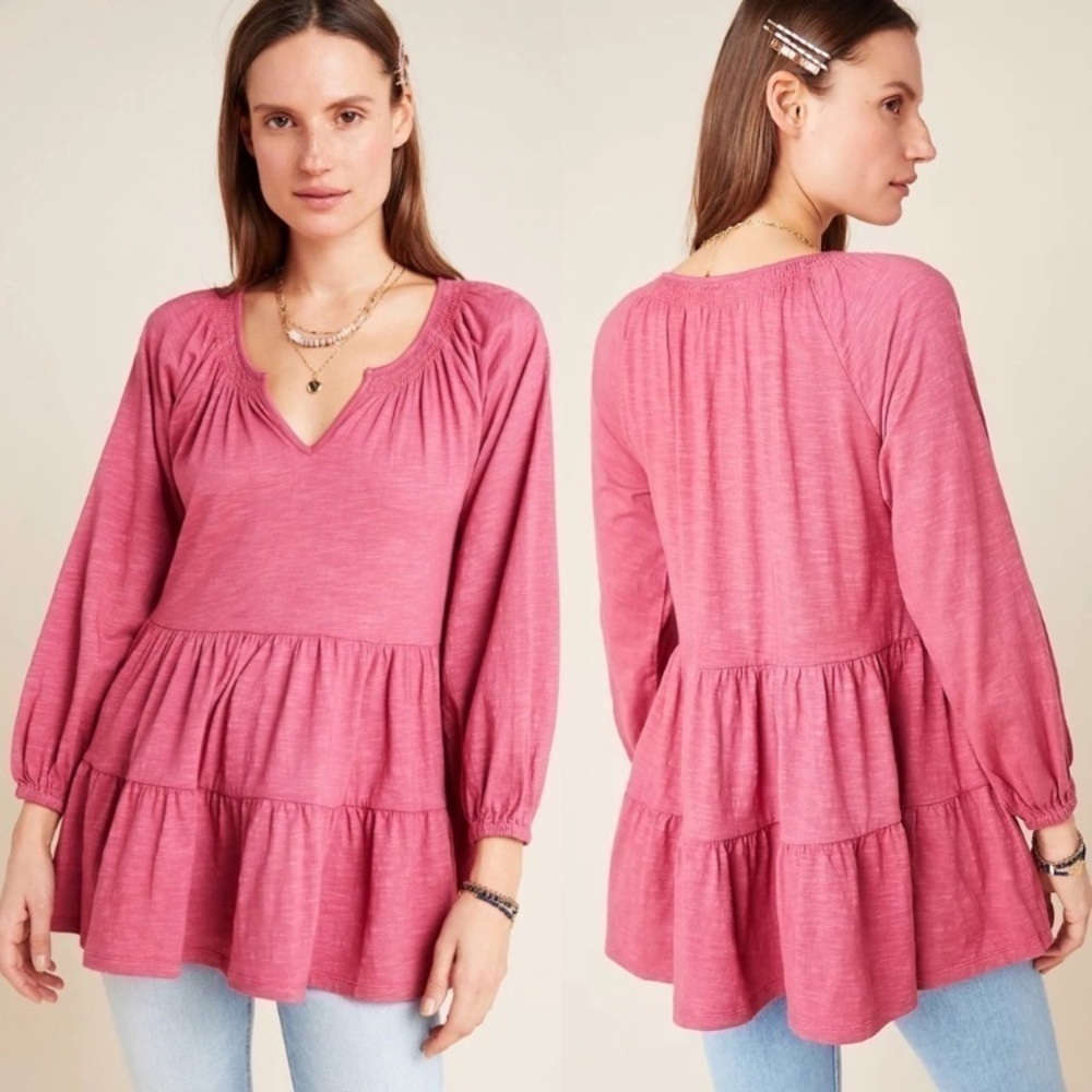 - NWT Anthropologie Pink Isola Tiered Babydoll Top Blouse